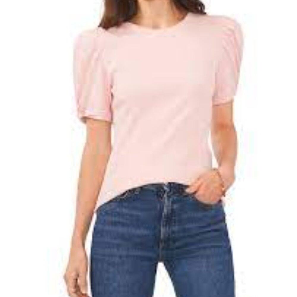 1.STATE  Puff Sleeve Knit blouse / Sz Large / REVOLVE 100% Cotton Pink Ribbed